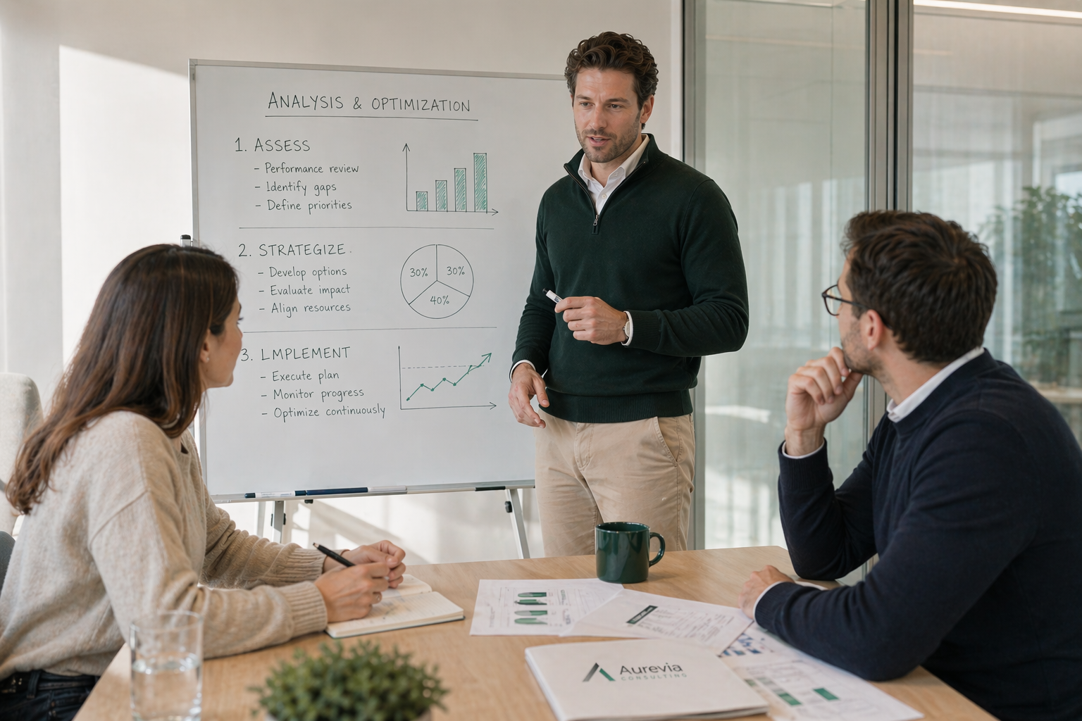 Analyse- und Optimierungs-Workshop im Aurevia-Büro am Flipchart