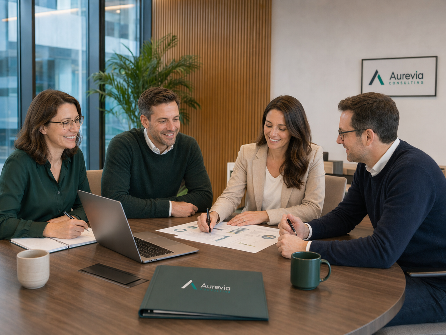 Aurevia-Beratung am Meetingtisch mit Strategie-Unterlagen