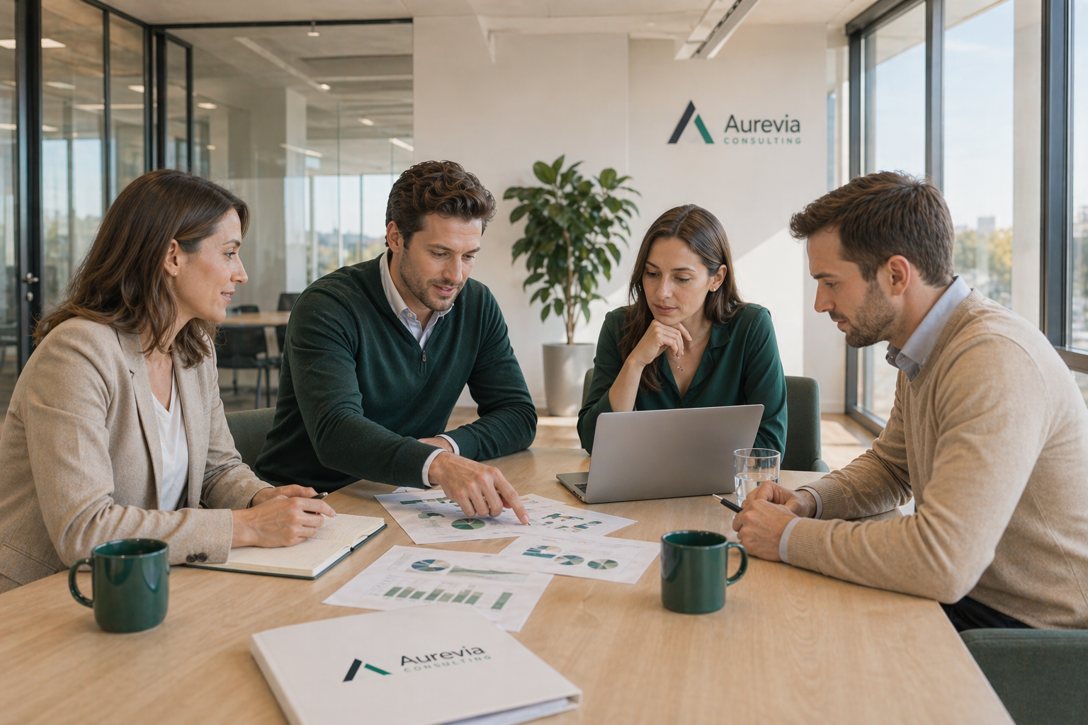 Vier Aurevia-Berater im gemeinsamen Strategie-Meeting