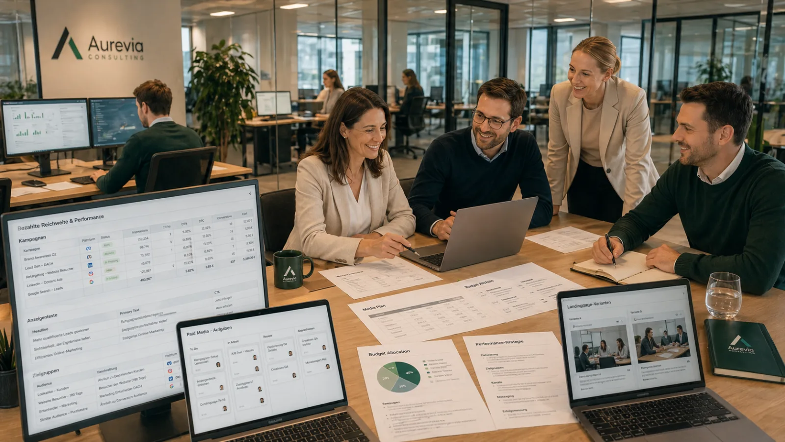 Aurevia Beratungssituation mit Performance-Dashboards auf mehreren Bildschirmen