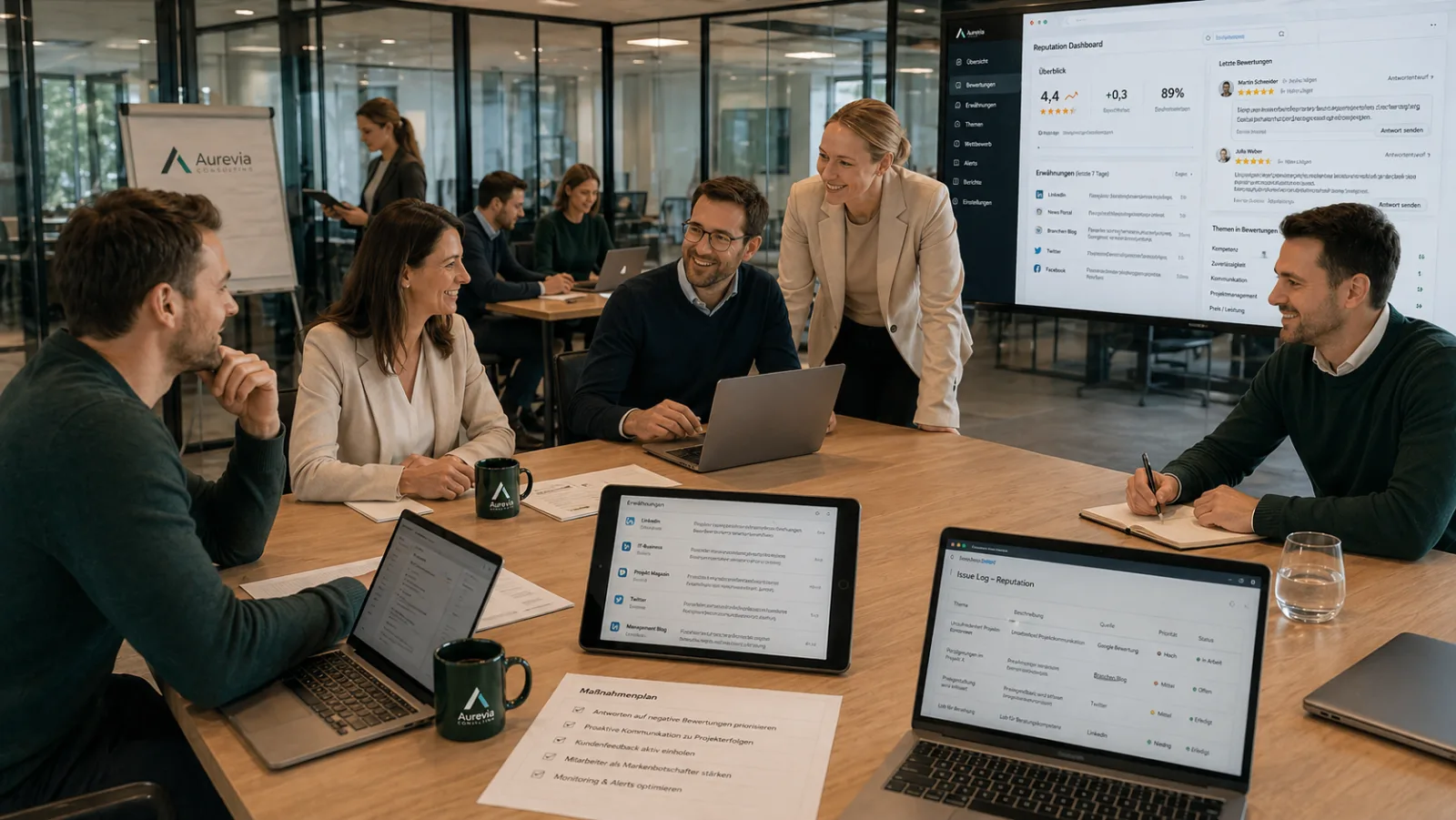 Aurevia Berater am Reputations-Dashboard mit Bewertungs-Analyse