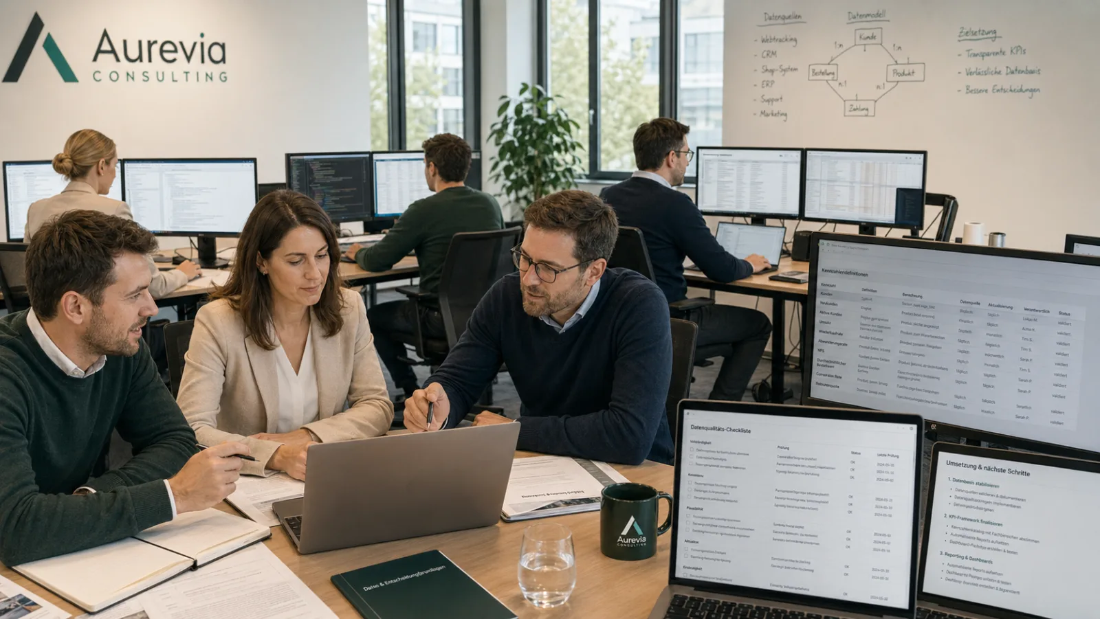 Aurevia SEO-Team vor Themen-Cluster-Whiteboard